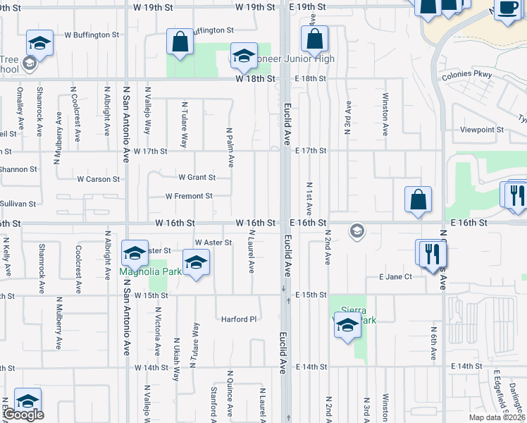 map of restaurants, bars, coffee shops, grocery stores, and more near 1616 North Laurel Avenue in Upland
