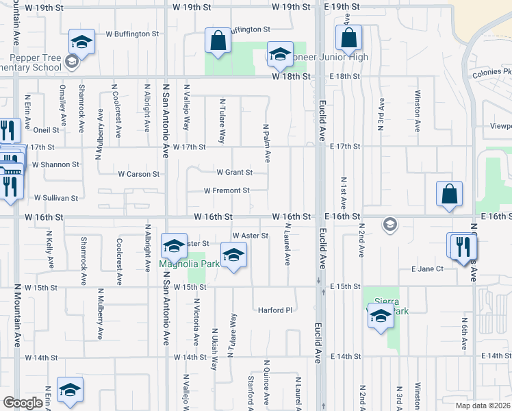 map of restaurants, bars, coffee shops, grocery stores, and more near 1614 North Quince Avenue in Upland