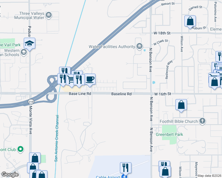 map of restaurants, bars, coffee shops, grocery stores, and more near 1614 Dundas Place in Upland