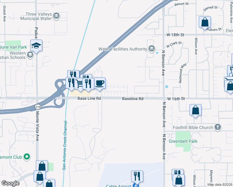 map of restaurants, bars, coffee shops, grocery stores, and more near 1614 Dundas Place in Upland