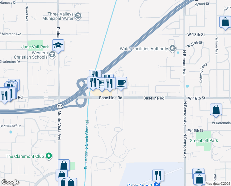 map of restaurants, bars, coffee shops, grocery stores, and more near 1604 Mahogany Tree Place in Upland