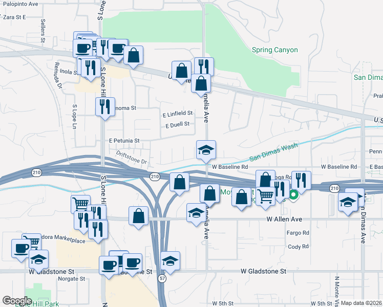map of restaurants, bars, coffee shops, grocery stores, and more near 942 Groveton Avenue in Glendora