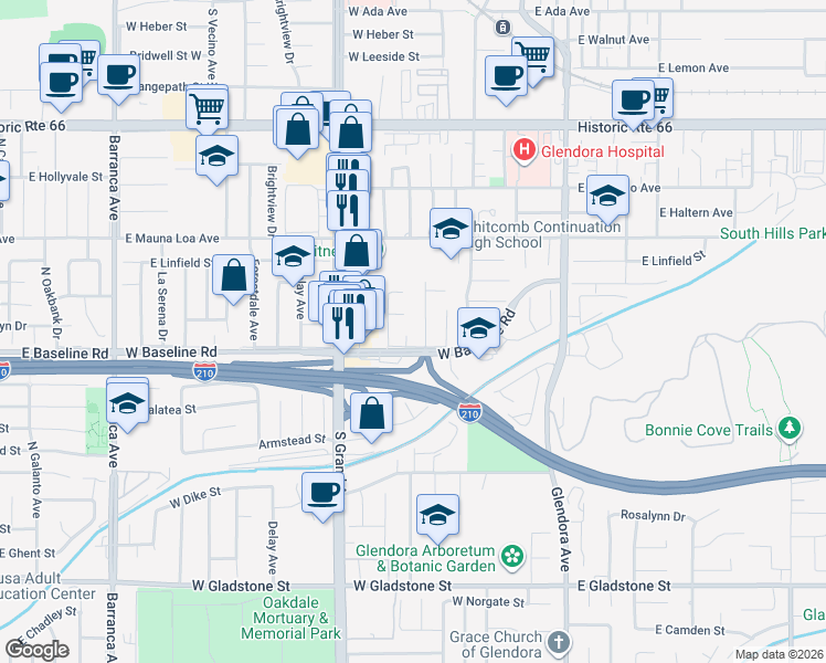 map of restaurants, bars, coffee shops, grocery stores, and more near 950 Bryant Circle South in Glendora