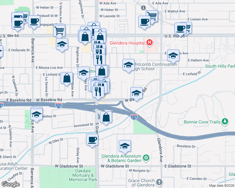 map of restaurants, bars, coffee shops, grocery stores, and more near 950 Bryant Circle South in Glendora