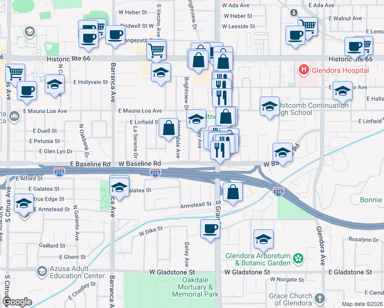 map of restaurants, bars, coffee shops, grocery stores, and more near 951 Delay Avenue in Glendora