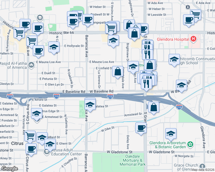 map of restaurants, bars, coffee shops, grocery stores, and more near 945 South Prospero Drive in Glendora