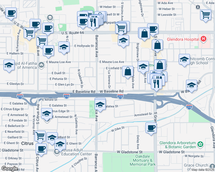 map of restaurants, bars, coffee shops, grocery stores, and more near 6015 South Briargate Lane in Glendora