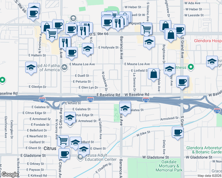 map of restaurants, bars, coffee shops, grocery stores, and more near 18802 East Glen Lyn Drive in Azusa