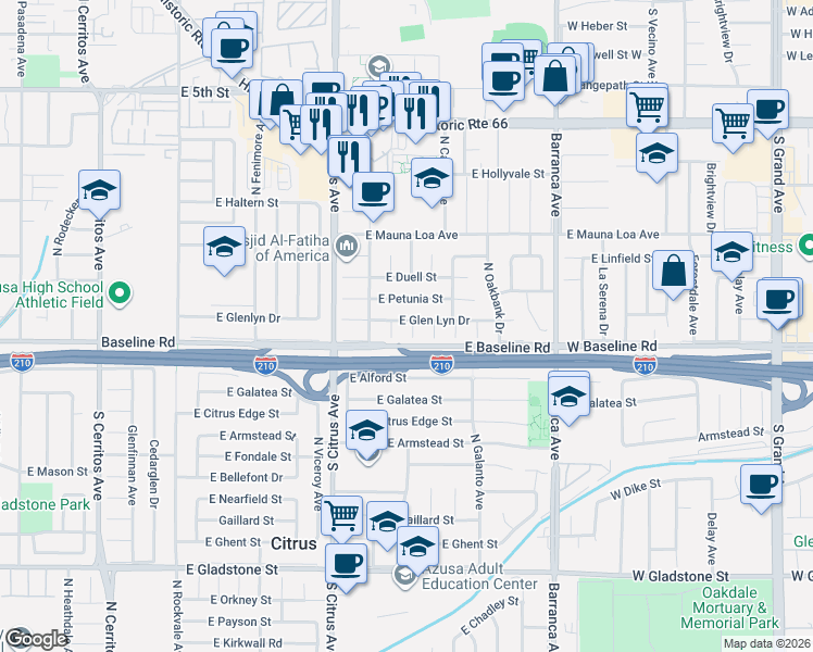 map of restaurants, bars, coffee shops, grocery stores, and more near 18558 East Glenlyn Drive in Azusa