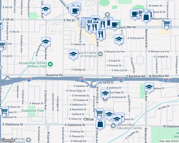 map of restaurants, bars, coffee shops, grocery stores, and more near 850 East Glenlyn Drive in Azusa