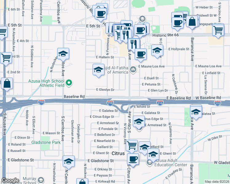 map of restaurants, bars, coffee shops, grocery stores, and more near 816 East Glenlyn Drive in Azusa