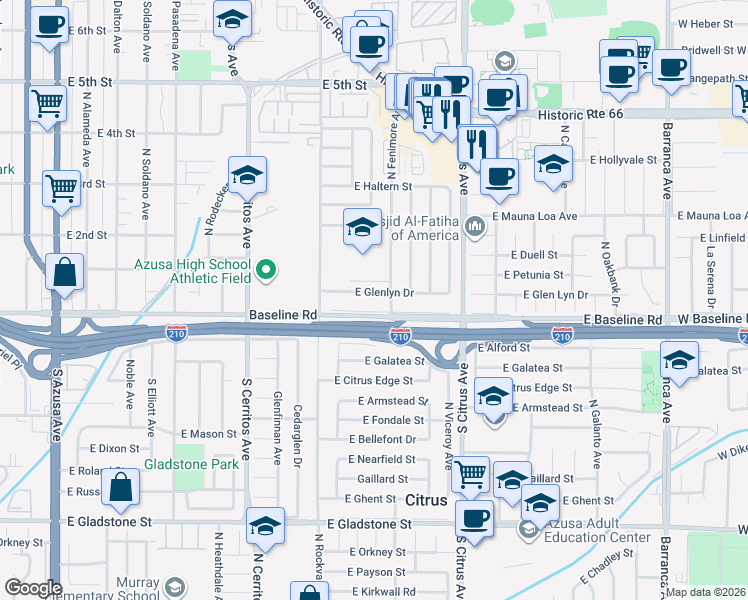 map of restaurants, bars, coffee shops, grocery stores, and more near 751 East 1st Street in Azusa