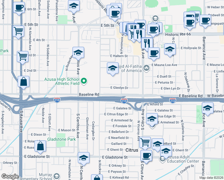 map of restaurants, bars, coffee shops, grocery stores, and more near 751 East 1st Street in Azusa