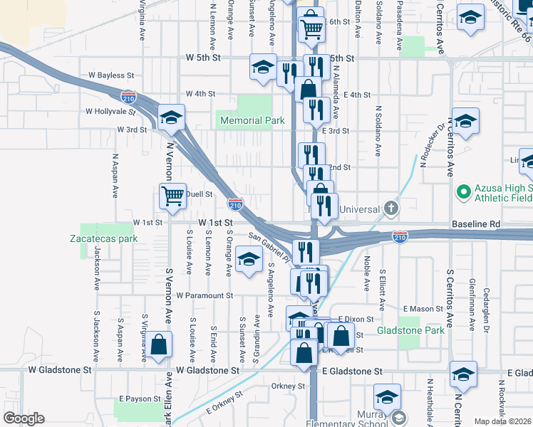 map of restaurants, bars, coffee shops, grocery stores, and more near 107 North Angeleno Avenue in Azusa