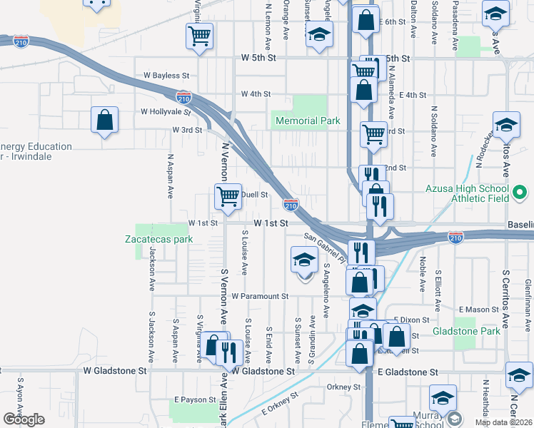 map of restaurants, bars, coffee shops, grocery stores, and more near 543 West 1st Street in Azusa
