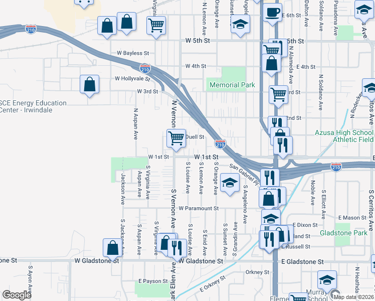 map of restaurants, bars, coffee shops, grocery stores, and more near 703 West 1st Street in Azusa
