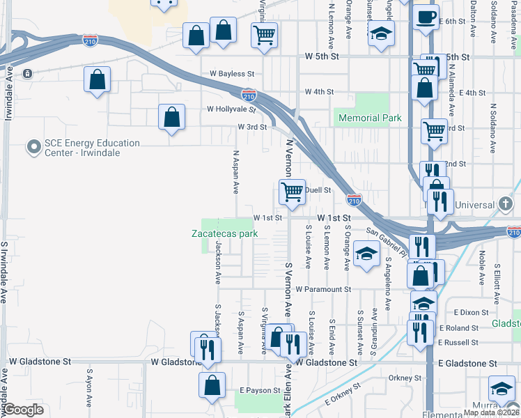 map of restaurants, bars, coffee shops, grocery stores, and more near 101 North Barbara Avenue in Azusa