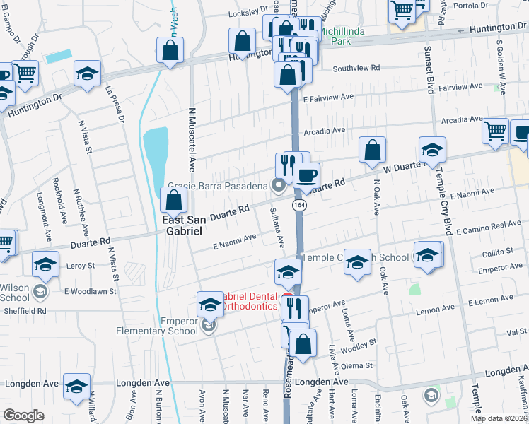 map of restaurants, bars, coffee shops, grocery stores, and more near 6840 North Lotus Avenue in San Gabriel