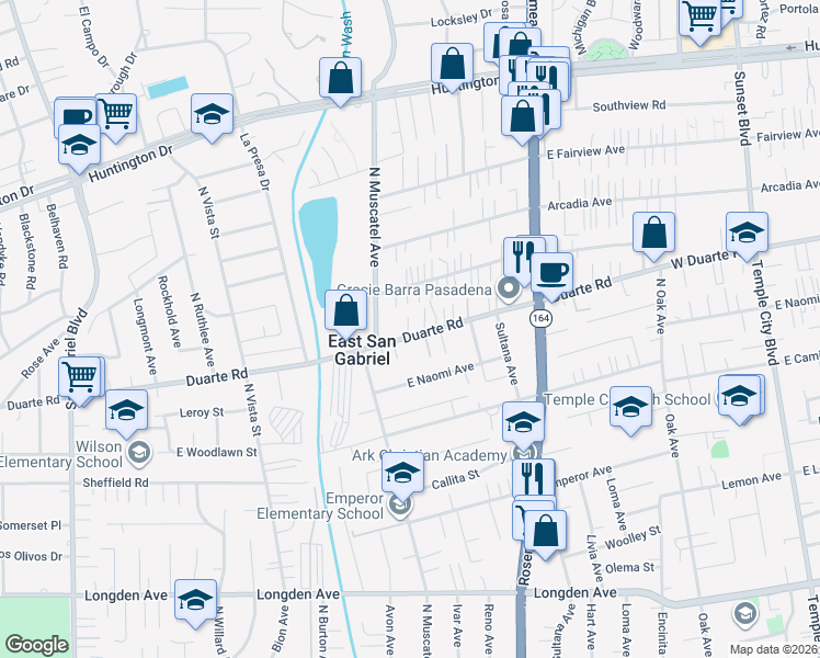 map of restaurants, bars, coffee shops, grocery stores, and more near 8743 Duarte Road in San Gabriel