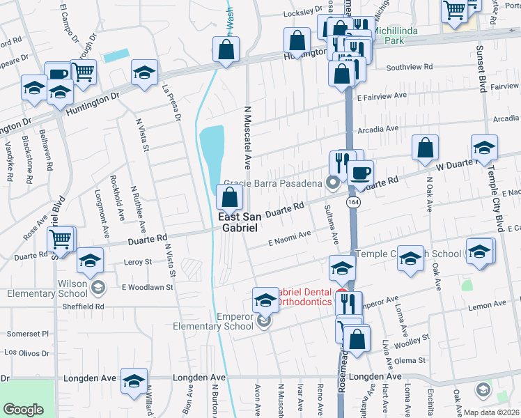 map of restaurants, bars, coffee shops, grocery stores, and more near 8743 Duarte Road in San Gabriel