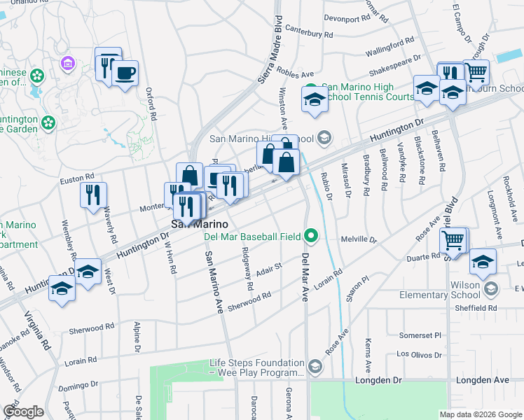 map of restaurants, bars, coffee shops, grocery stores, and more near 2385 Roanoke Road in San Marino