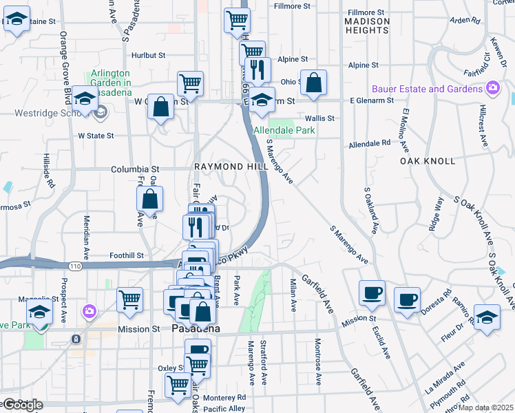 map of restaurants, bars, coffee shops, grocery stores, and more near 409 Garfield Avenue in South Pasadena
