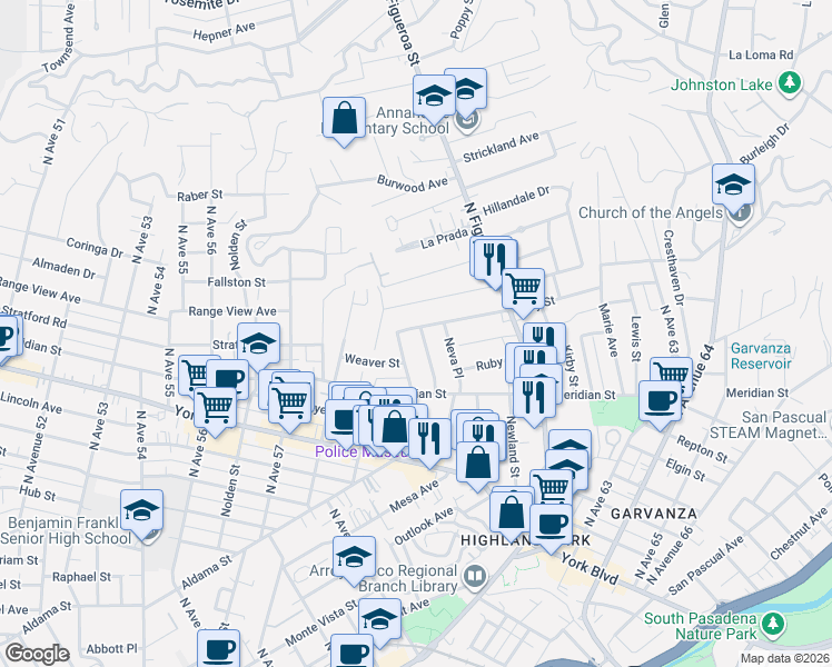 map of restaurants, bars, coffee shops, grocery stores, and more near 564 Meridian Terrace in Los Angeles