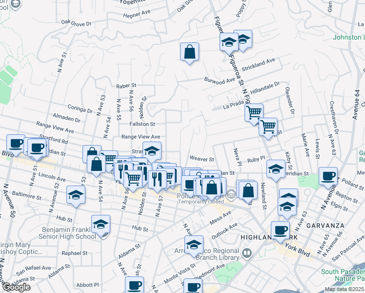 map of restaurants, bars, coffee shops, grocery stores, and more near 5725 Stratford Road in Los Angeles