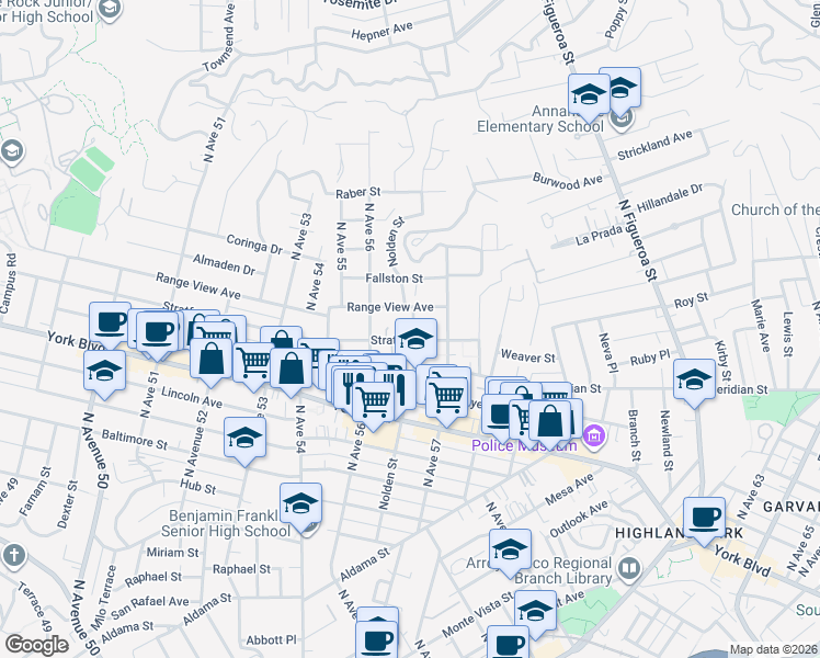 map of restaurants, bars, coffee shops, grocery stores, and more near 5629 Stratford Road in Los Angeles