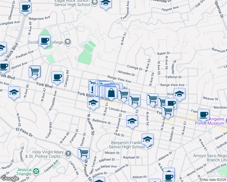 map of restaurants, bars, coffee shops, grocery stores, and more near 5101 Meridian Street in Los Angeles