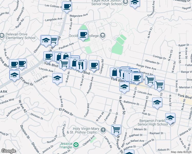 map of restaurants, bars, coffee shops, grocery stores, and more near 1384 Armadale Avenue in Los Angeles
