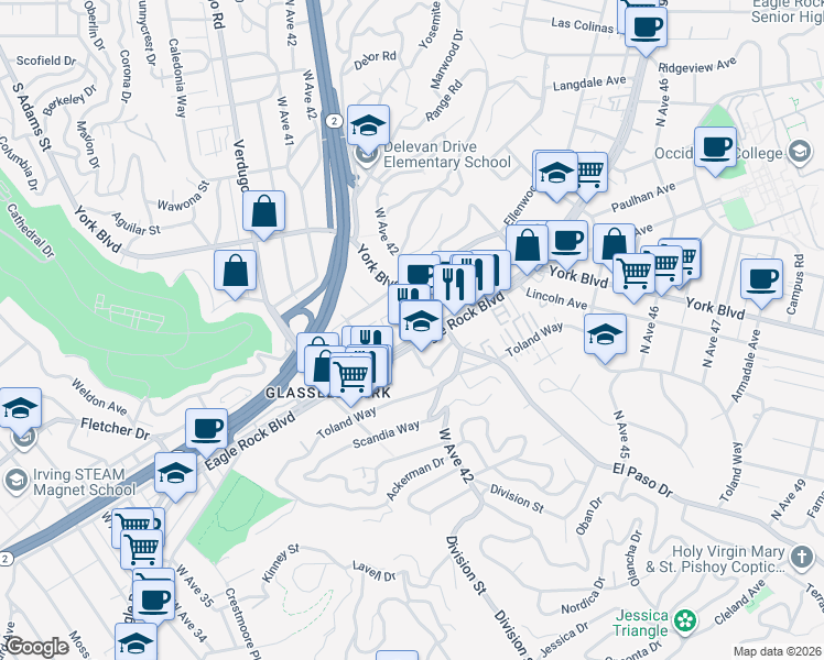 map of restaurants, bars, coffee shops, grocery stores, and more near 4159 Eagle Rock Boulevard in Los Angeles