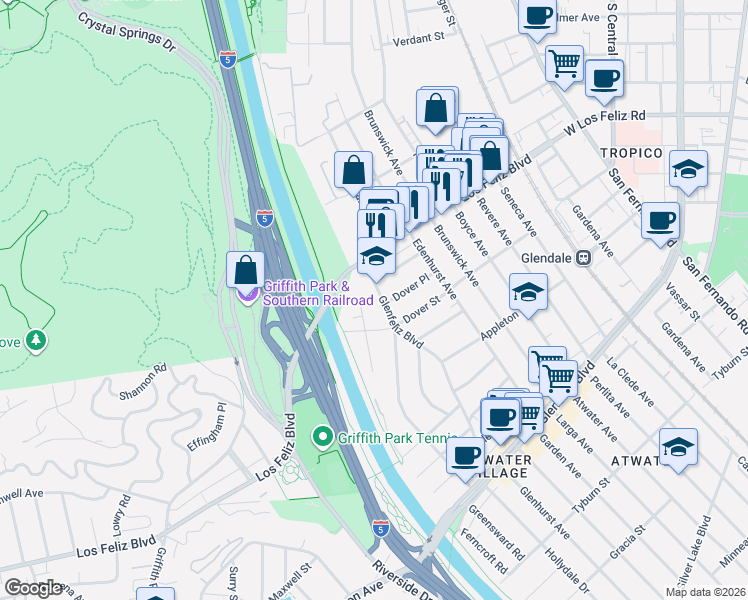map of restaurants, bars, coffee shops, grocery stores, and more near 3700 Dover Place in Los Angeles