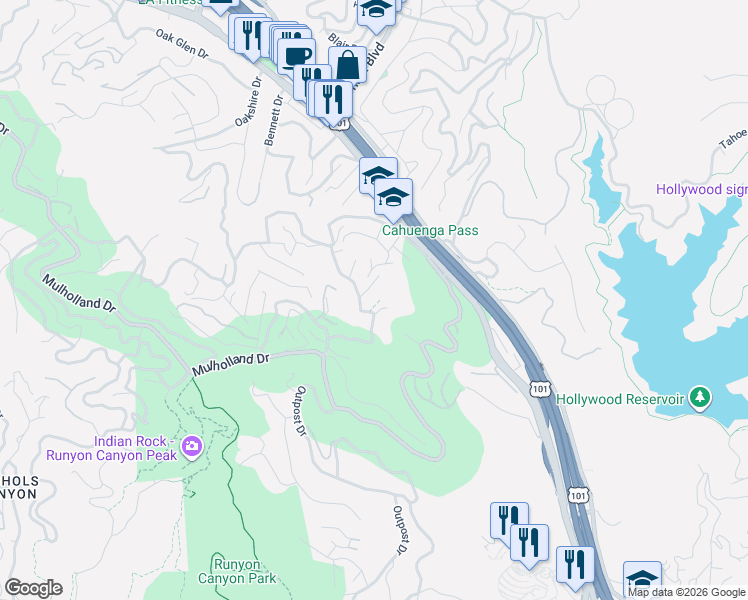 map of restaurants, bars, coffee shops, grocery stores, and more near 6937 Vanland Trail in Los Angeles