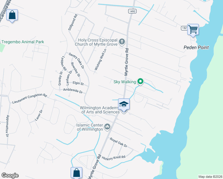 map of restaurants, bars, coffee shops, grocery stores, and more near 6110 Myrtle Grove Road in Wilmington