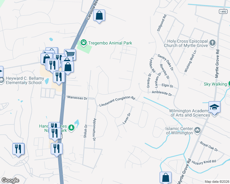 map of restaurants, bars, coffee shops, grocery stores, and more near 5935 Appomattox Drive in Wilmington