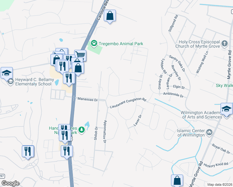 map of restaurants, bars, coffee shops, grocery stores, and more near 5935 Appomattox Drive in Wilmington