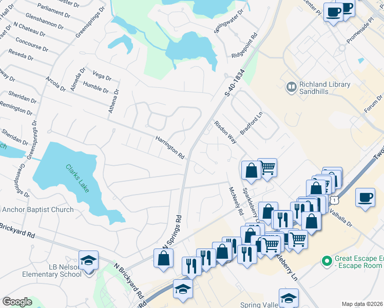 map of restaurants, bars, coffee shops, grocery stores, and more near 18 Engrid Court in Columbia