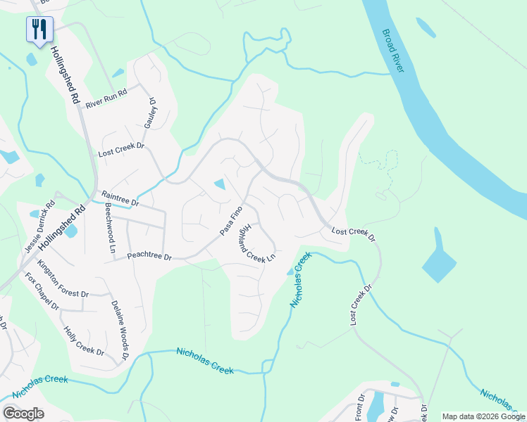 map of restaurants, bars, coffee shops, grocery stores, and more near 121 Highland Creek Lane in Columbia