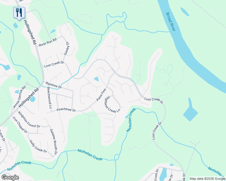 map of restaurants, bars, coffee shops, grocery stores, and more near 121 Highland Creek Lane in Columbia