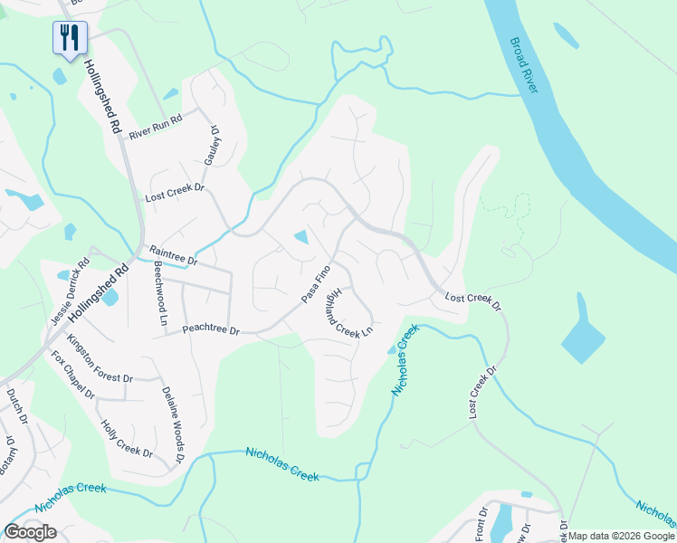 map of restaurants, bars, coffee shops, grocery stores, and more near 100 Highland Creek Lane in Columbia