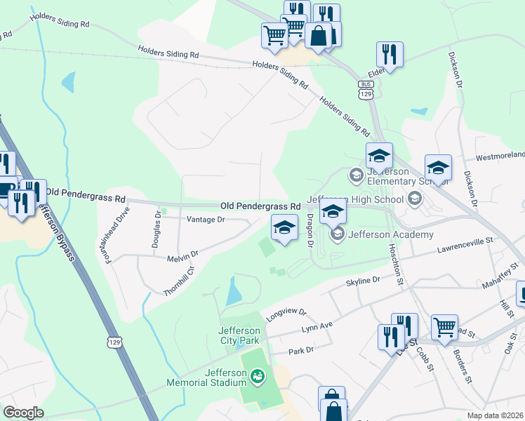 map of restaurants, bars, coffee shops, grocery stores, and more near 587 Melvin Drive in Jefferson