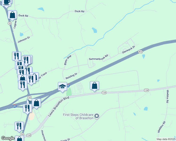map of restaurants, bars, coffee shops, grocery stores, and more near 224 Brookstone Trail in Braselton