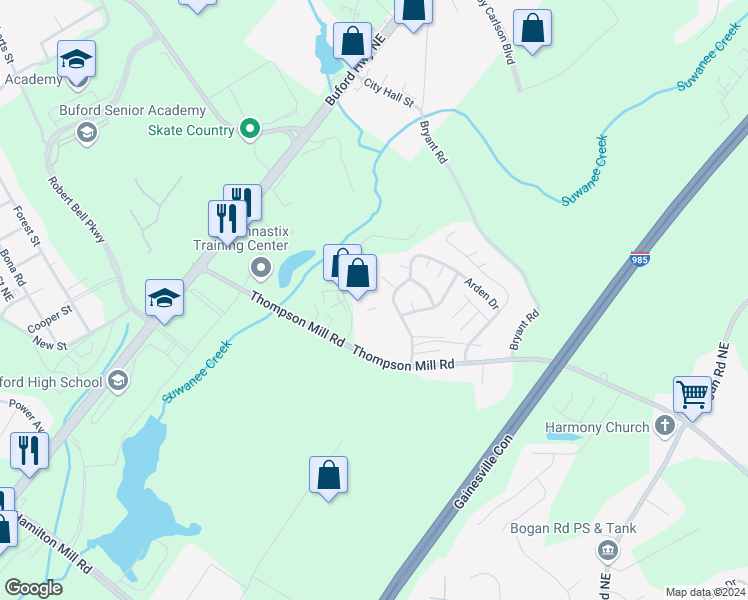 map of restaurants, bars, coffee shops, grocery stores, and more near 2725 Faith Industrial Drive Northeast in Buford