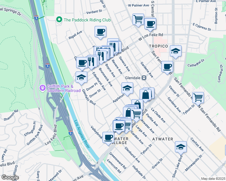 map of restaurants, bars, coffee shops, grocery stores, and more near 3838 Brunswick Avenue in Los Angeles