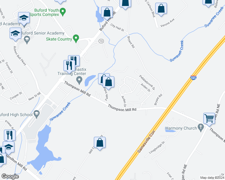 map of restaurants, bars, coffee shops, grocery stores, and more near 2725 Faith Industrial Drive Northeast in Buford