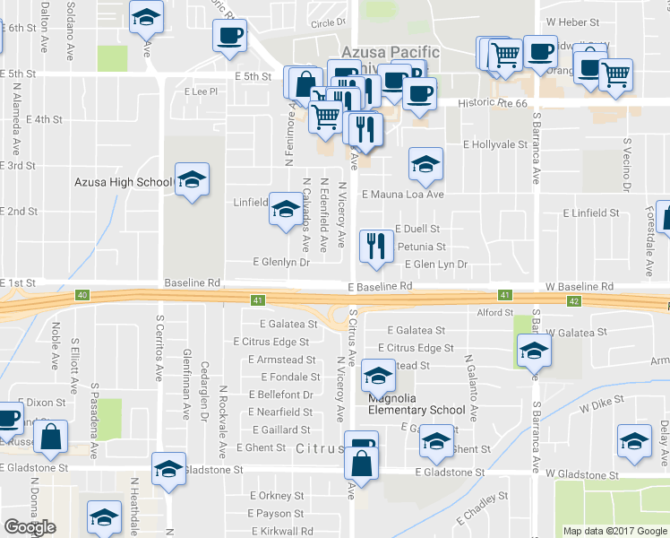 map of restaurants, bars, coffee shops, grocery stores, and more near 850 E Glenlyn Dr in Azusa