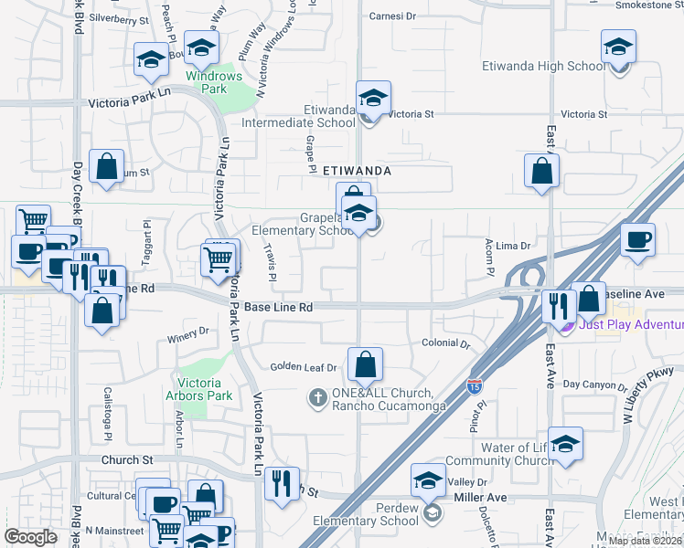 map of restaurants, bars, coffee shops, grocery stores, and more near 12835 Craig Drive in Rancho Cucamonga