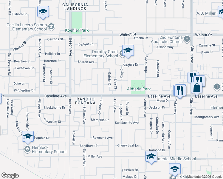 map of restaurants, bars, coffee shops, grocery stores, and more near 7269 Gabriel Drive in Fontana