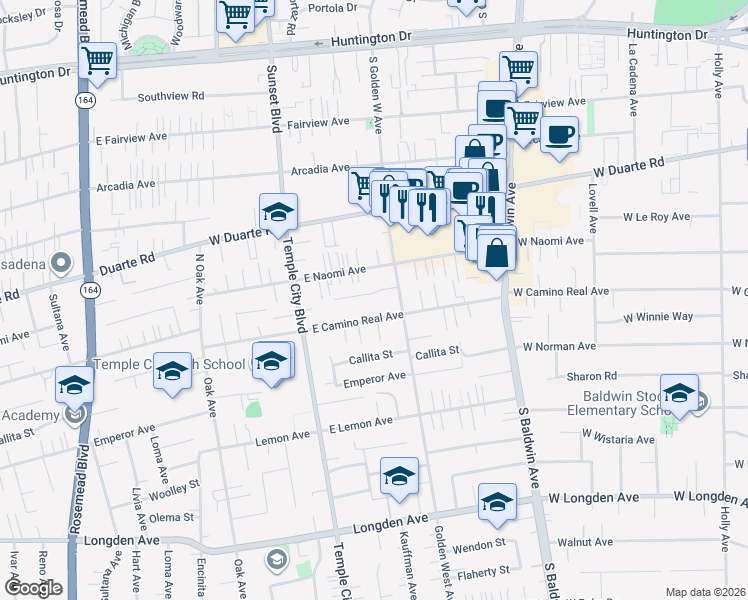 map of restaurants, bars, coffee shops, grocery stores, and more near 9734 Ardendale Avenue in Arcadia